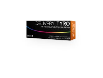 Delivery Tyro contact lens package by Safilens - black box with orange side panel showing 30 daily disposable soft contact lenses with Tyrosine, Hyaluronic Acid and TSP for eye development normalization
