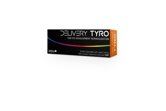 Delivery Tyro contact lens package by Safilens - black box with orange side panel showing 30 daily disposable soft contact lenses with Tyrosine, Hyaluronic Acid and TSP for eye development normalization