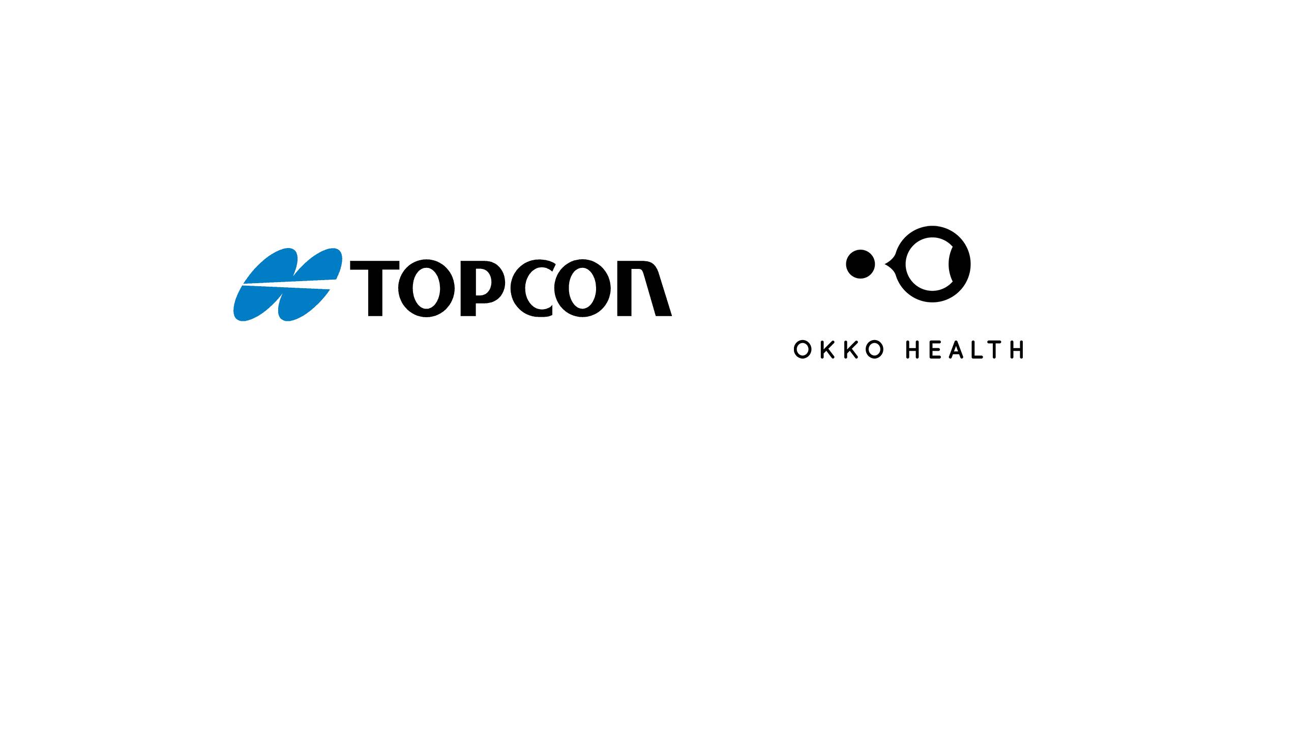 Two company logos displayed side by side on a light background - Topcon logo with blue geometric design on the left, and Okko Health logo with black circular elements on the right