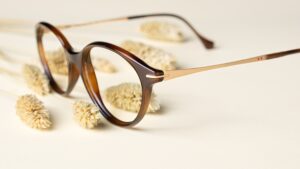 Close-up detail of a LOOK eyewear frame in rich tortoiseshell brown with golden temple arms, showcasing the brand's signature craftsmanship and attention to detail, photographed with artistic dried flower elements against a neutral background.