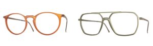 Two eyeglass frames from the LOOK collection - a warm amber-toned round panto frame on the left and a sage green double-bridge aviator-style frame on the right, both showcasing modern Italian design against a clean white background.