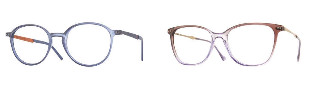Deux montures de lunettes élégantes de la collection LOOK présentant des combinaisons de couleurs sophistiquées - une monture ronde bleu-gris avec des accents orange sur les branches à gauche et une monture rectangulaire dégradée brun-lilas à droite, incarnant le style italien contemporain.