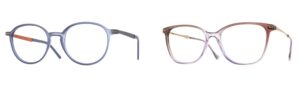 Two elegant eyeglass frames from the LOOK collection showcasing sophisticated color combinations - a blue-gray round frame with orange temple accents on the left and a gradient brown-to-lilac rectangular frame on the right, exemplifying contemporary Italian style.