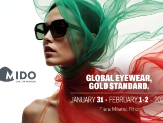 MIDO 2026 eyewear trade show promotional image featuring a woman with flowing green and red fabric wearing sunglasses, with text 'Global Eyewear, Gold Standard' and dates January 31 - February 1-2, 2026 at Fiera Milano, Rho