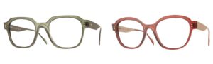 Two distinctive eyeglass frames from the LOOK collection featuring bold color statements - an olive green oversized square frame on the left and a coral-orange rounded square frame on the right, both with subtle metallic temple details representing modern Italian design innovation.