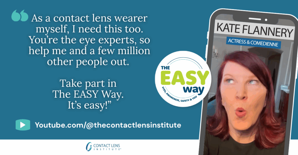 Kate Flannery, actress and comedian known from The Office, smiling while seated with her arms crossed. The Contact Lens Institute and The EASY Way campaign logos appear beside her, promoting healthy contact lens wear and care