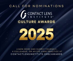 Promotional graphic for the Contact Lens Institute Culture Awards 2025 call for nominations. The image features a dark blue background with diagonal light streaks and sparkle effects. Text reads "CALL FOR NOMINATIONS" at the top, followed by the Contact Lens Institute logo, "CULTURE AWARDS" in gold lettering, and a large golden "2025" prominently displayed in the center. At the bottom, it states "LEARN MORE AND SUBMIT YOURSELF, A COLLEAGUE, OR AN EYE CARE PRACTICE AT CONTACTLENSINSTITUTE.ORG/AWARDS