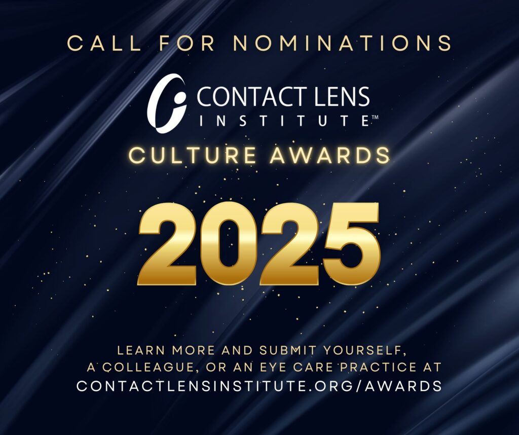 Promotional graphic for the Contact Lens Institute Culture Awards 2025 call for nominations. The image features a dark blue background with diagonal light streaks and sparkle effects. Text reads "CALL FOR NOMINATIONS" at the top, followed by the Contact Lens Institute logo, "CULTURE AWARDS" in gold lettering, and a large golden "2025" prominently displayed in the center. At the bottom, it states "LEARN MORE AND SUBMIT YOURSELF, A COLLEAGUE, OR AN EYE CARE PRACTICE AT CONTACTLENSINSTITUTE.ORG/AWARDS