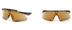 Adidas DUNAMIS sport sunglasses with wraparound golden-bronze tinted shield lens and black frame with aerodynamic design, shown from side and front angles