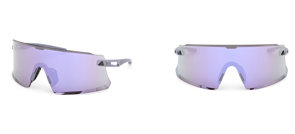 Adidas DUNAMIS sport sunglasses with wraparound purple-tinted shield lens and minimalist white frame, shown from side and front angles