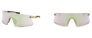 Adidas DUNAMIS sport sunglasses with wraparound green-yellow gradient shield lens and light-colored frame, shown from side and front angles