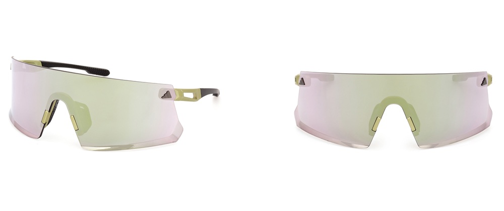 Adidas DUNAMIS sport sunglasses with wraparound green-yellow gradient shield lens and light-colored frame, shown from side and front angles