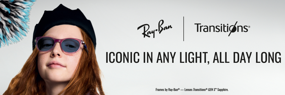 A young woman with long reddish-brown hair wearing a black beret and purple-framed Ray-Ban sunglasses with Transitions lenses. She's looking directly at the camera with a slight smile. The image includes the Ray-Ban and Transitions logos with text reading 'ICONIC IN ANY LIGHT, ALL DAY LONG' and 'Frames by Ray-Ban® — Lenses Transitions® GEN S™ Sapphire.
