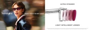 Transitions Optical marketing campaign image showing a confident woman in dark sunglasses and a navy blazer walking through a blurred urban environment. Text reads 'MOVE FREELY IN ANY LIGHT' with the Transitions logo. The right side displays 'ULTRA DYNAMIC' and 'LIGHT INTELLIGENT LENSES' with a visual demonstration of lens technology showing five progressive lens tints from clear to deep purple/magenta.