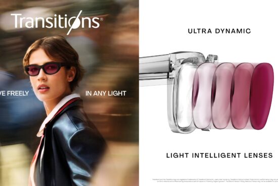 Transitions Optical marketing campaign image showing a confident woman in dark sunglasses and a navy blazer walking through a blurred urban environment. Text reads 'MOVE FREELY IN ANY LIGHT' with the Transitions logo. The right side displays 'ULTRA DYNAMIC' and 'LIGHT INTELLIGENT LENSES' with a visual demonstration of lens technology showing five progressive lens tints from clear to deep purple/magenta.