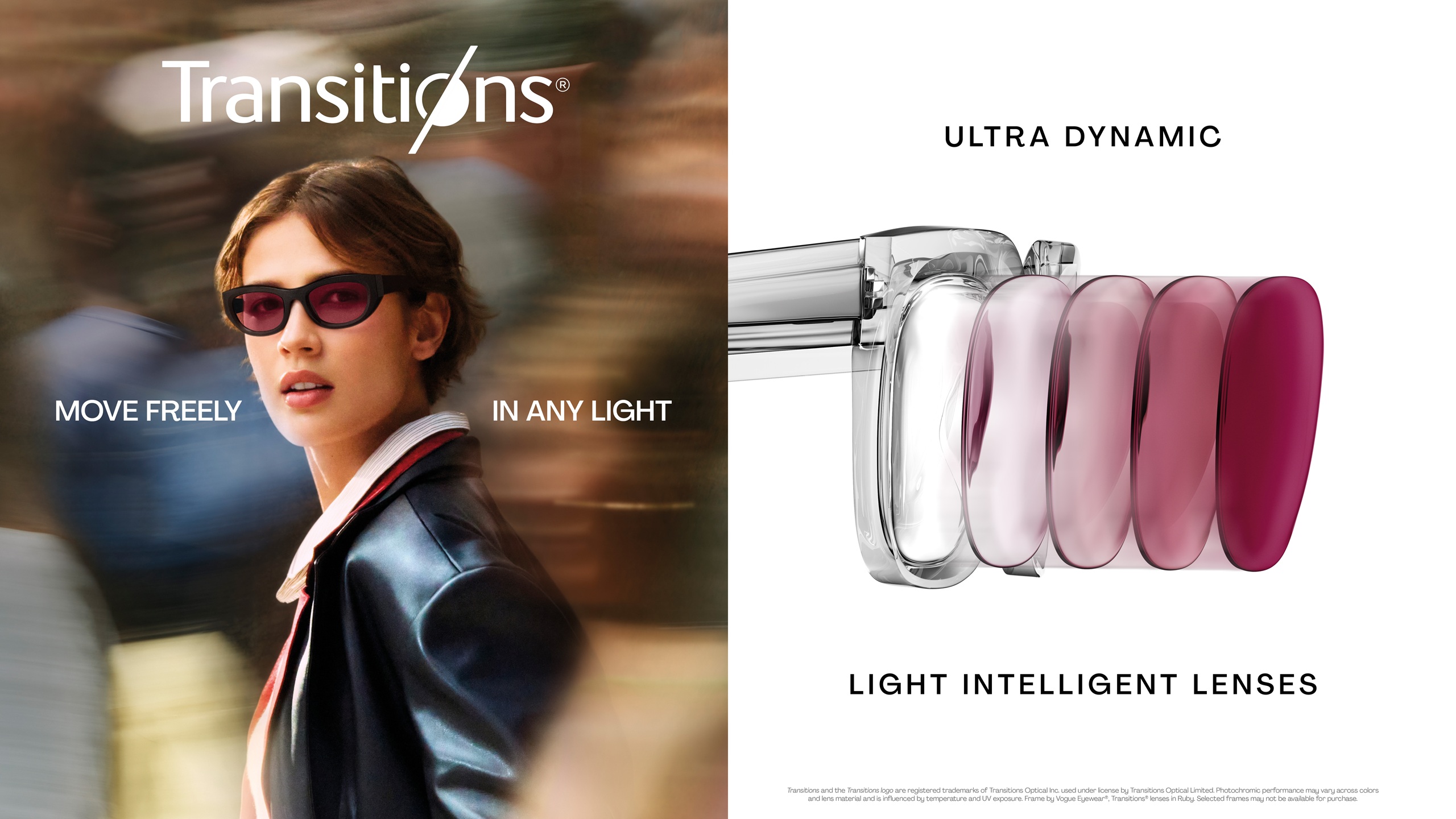 Transitions Optical marketing campaign image showing a confident woman in dark sunglasses and a navy blazer walking through a blurred urban environment. Text reads 'MOVE FREELY IN ANY LIGHT' with the Transitions logo. The right side displays 'ULTRA DYNAMIC' and 'LIGHT INTELLIGENT LENSES' with a visual demonstration of lens technology showing five progressive lens tints from clear to deep purple/magenta.