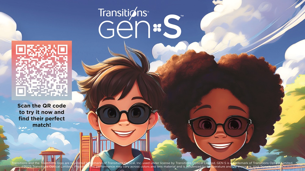 Cartoon-style illustration showing two diverse children wearing sunglasses in an outdoor playground setting with blue sky and clouds. On the left is a boy with brown hair wearing dark sunglasses, and on the right is a girl with curly dark hair wearing red-framed glasses. Both children are smiling. The image includes the Transitions GEN S logo, a QR code, and text that reads 'Scan the QR code to try it now and find their perfect match!' Legal text appears at the bottom of the image.