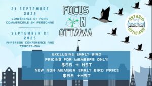 Promotional flyer for Focus on Ottawa conference on September 21, 2025. Features flying geese silhouettes against a blue sky background with Ottawa city skyline. Text announces in-person conference and tradeshow with early bird pricing: $65 plus HST for members, $85 plus HST for new non-members. Presented by Ontario Frontline Vision Care Opticians.