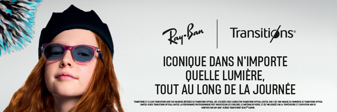 Une jeune fille aux longs cheveux roux-brun portant un béret noir et des lunettes de soleil Ray-Ban à monture violette avec des verres Transitions teintés. Elle regarde directement vers l'appareil photo avec une légère expression neutre. L'image inclut les logos Ray-Ban et Transitions avec le texte 'ICONIQUE DANS N'IMPORTE QUELLE LUMIÈRE, TOUT AU LONG DE LA JOURNÉE' et un objet décoratif épineux bleu et noir visible dans le coin inférieur droit. Du texte légal en français apparaît en bas de l'image.
