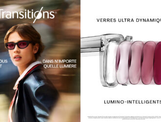 Image de campagne marketing Transitions Optical montrant une femme confiante portant des lunettes de soleil foncées et un blazer marine marchant dans un environnement urbain flou. Le texte indique 'MOVE FREELY IN ANY LIGHT' avec le logo Transitions. Le côté droit affiche 'ULTRA DYNAMIC' et 'LIGHT INTELLIGENT LENSES' avec une démonstration visuelle de la technologie des verres montrant cinq teintes progressives de verres allant du transparent au violet/magenta profond.
