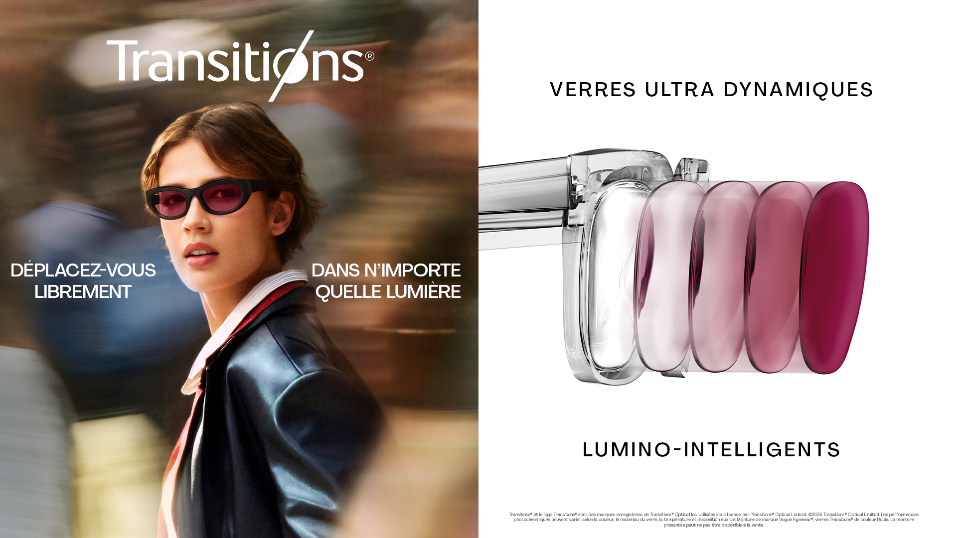 Image de campagne marketing Transitions Optical montrant une femme confiante portant des lunettes de soleil foncées et un blazer marine marchant dans un environnement urbain flou. Le texte indique 'MOVE FREELY IN ANY LIGHT' avec le logo Transitions. Le côté droit affiche 'ULTRA DYNAMIC' et 'LIGHT INTELLIGENT LENSES' avec une démonstration visuelle de la technologie des verres montrant cinq teintes progressives de verres allant du transparent au violet/magenta profond.