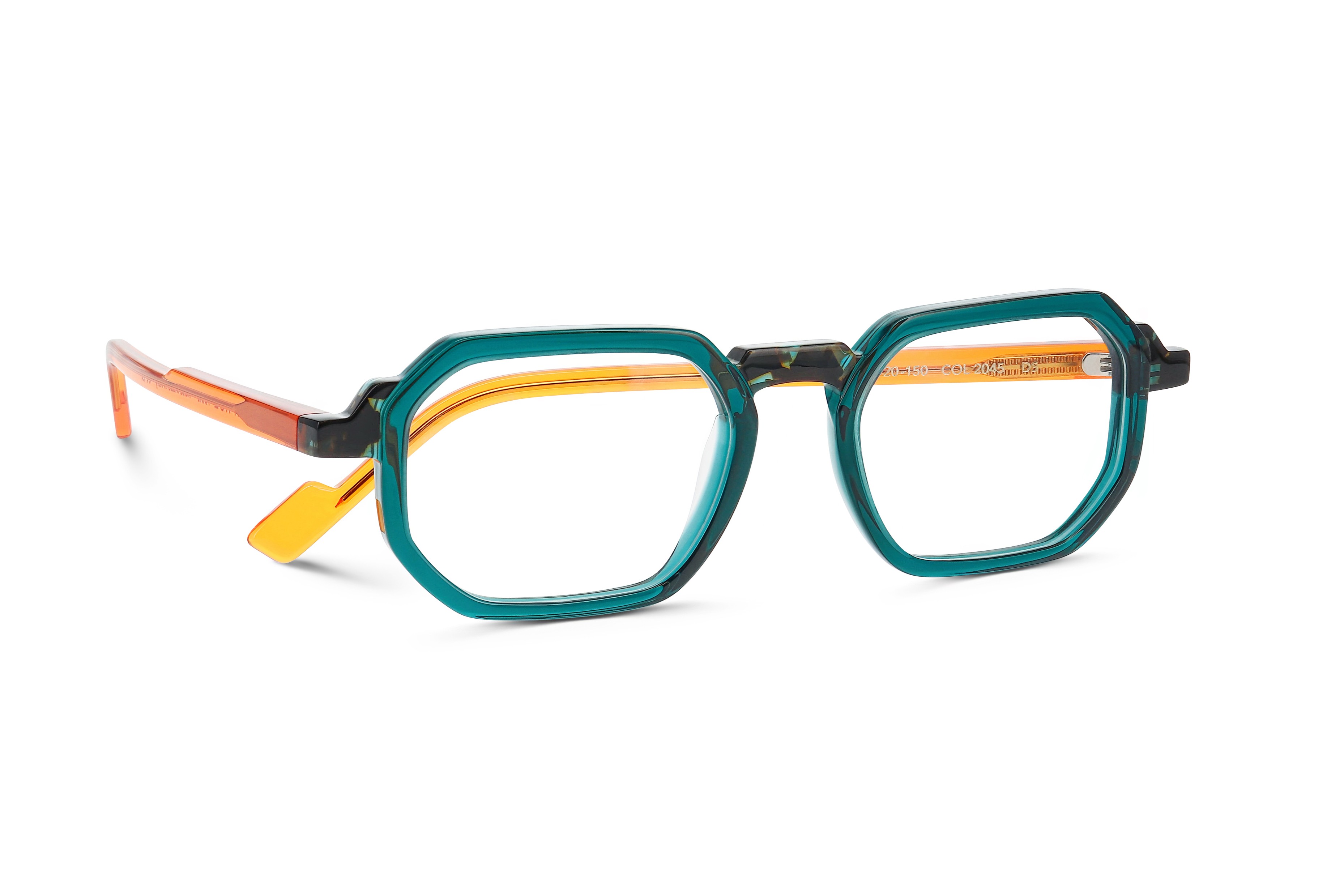 Face à Face FLICKER eyeglasses with bold geometric frames in teal and orange acetate, featuring sharp angles and layered transparent colors for a retro-futuristic look.