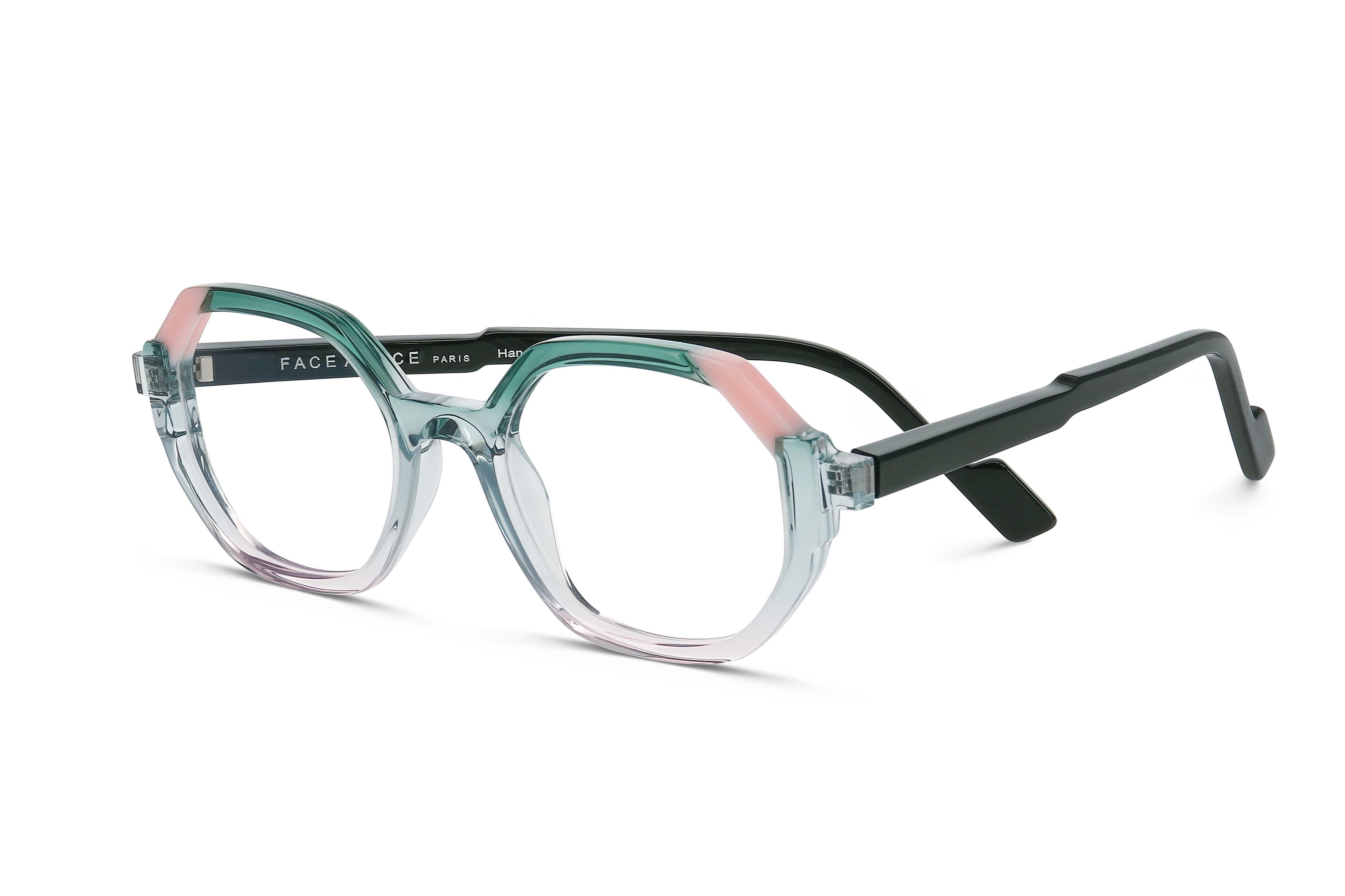 Lunettes FOREST de Face à Face avec une monture en acétate translucide aux nuances pastel de bleu, vert et rose, pour un design aérien inspiré de la nature.