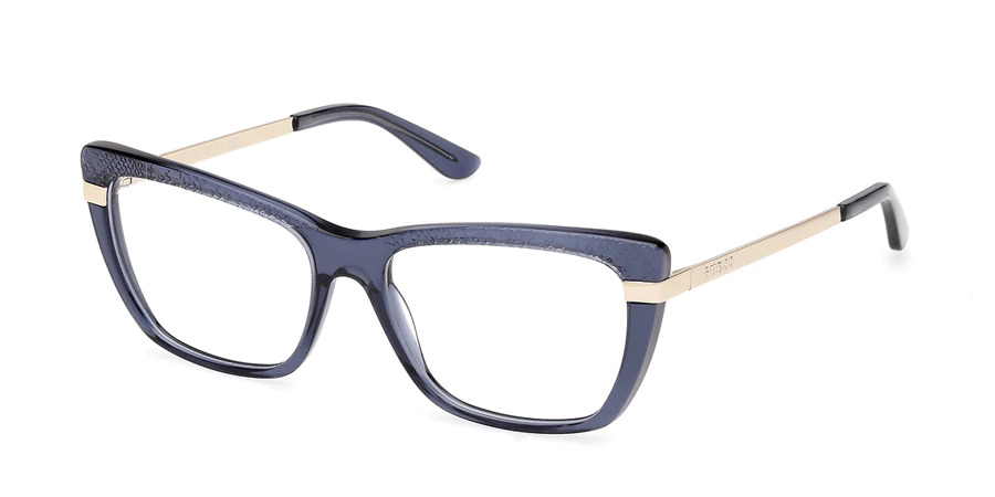 GUESS women's square optical glasses with blue textured acetate frame and gold metal temples