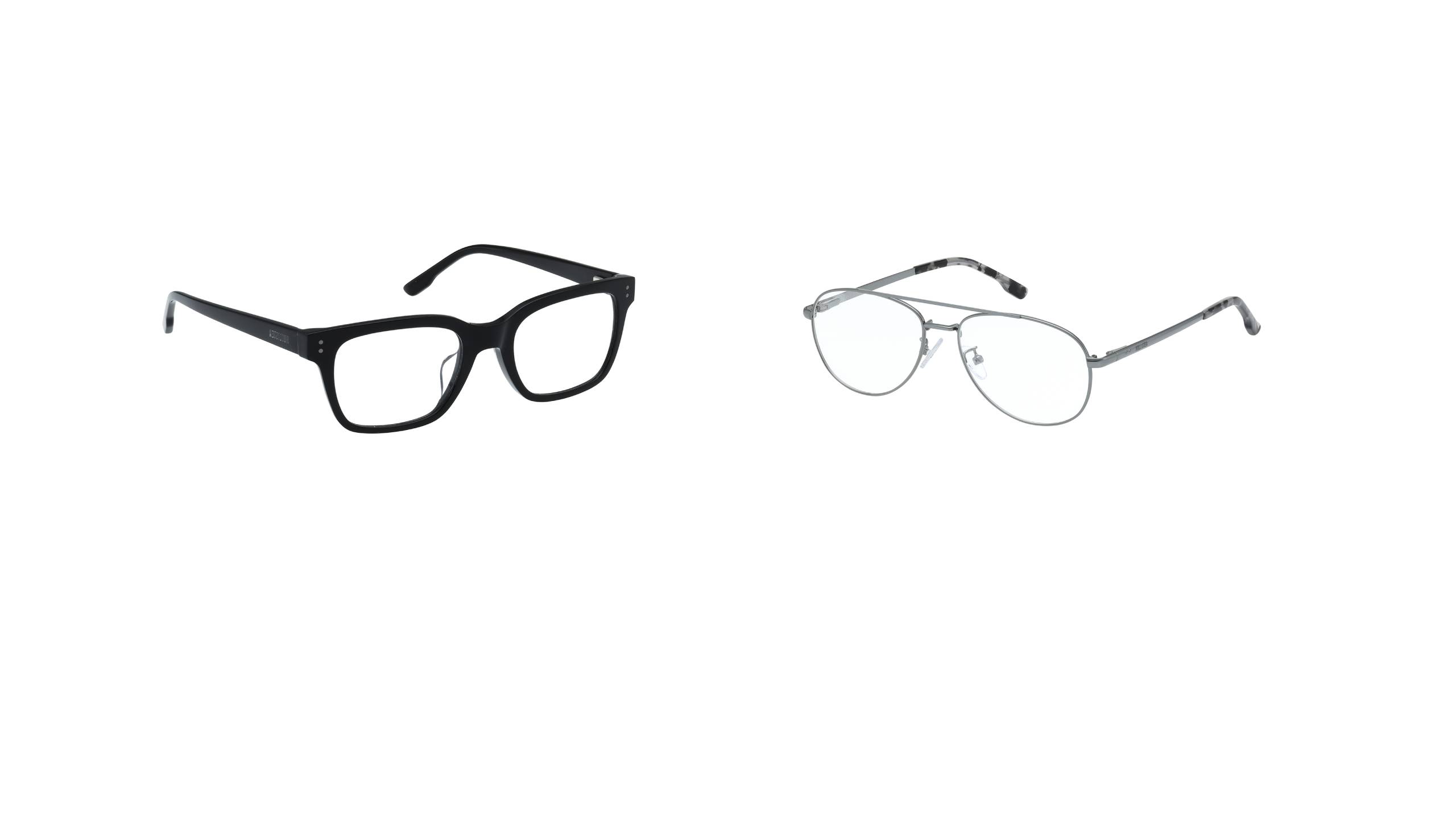 Deux montures optiques Hollister de la première collection de lunettes présentées côte à côte — un style aviateur classique en métal et une monture carrée audacieuse en acétate, conçues avec des tailles hybrides pour hommes et femmes.