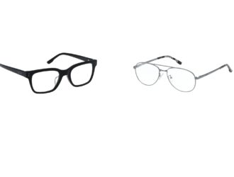Two Hollister optical frames from the first eyewear collection shown side by side — a classic aviator style in metal and a bold square frame in acetate, designed with hybrid sizing for men and women.