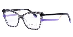 Contemporary eyeglasses with houndstooth pattern acetate frame, featuring vibrant purple accents on the front and an iconic double bridge design from X-Ide New Generation collection