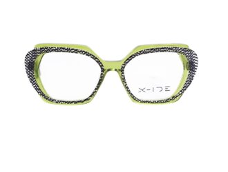 Oversized geometric eyeglasses in vibrant lime green with contrasting black and white houndstooth pattern detailing around the lens openings, from X-Ide New Generation collection