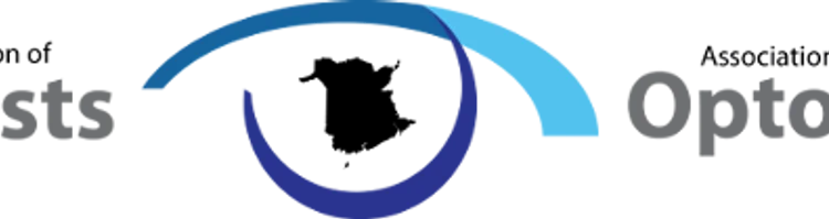 Logo of the New Brunswick Association of Optometrists featuring a stylized eye design in blue tones with the silhouette of New Brunswick province in the center. Text reads 'New Brunswick Association of Optometrists' on the left and 'Association des Optométristes du Nouveau-Brunswick' on the right.