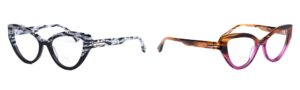 Two distinctive cat-eye style frames: left features black and zebra bicolor pattern creating bold optical effects; right showcases streaked brown with transparent purple accents from Mic Made in Cadore collection