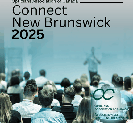 Promotional image for Connect New Brunswick 2025 by the Opticians Association of Canada. Shows the backs of conference attendees seated in an auditorium or meeting hall with soft blue-tinted lighting. The Opticians Association of Canada logo appears in the bottom right corner.