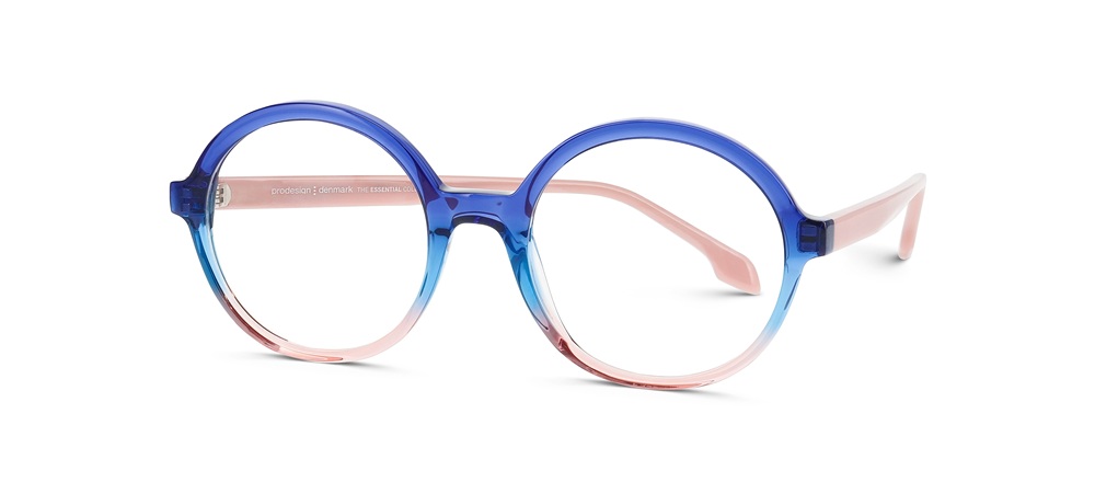 Photographie de produit des lunettes Prodesign Denmark SIGNIFIC présentant une monture ronde en acétate avec une transition de couleur dégradée du bleu translucide en haut au rose doux en bas. Les branches affichent le même effet de dégradé bleu-rose, et la marque Prodesign Denmark est visible sur la branche.