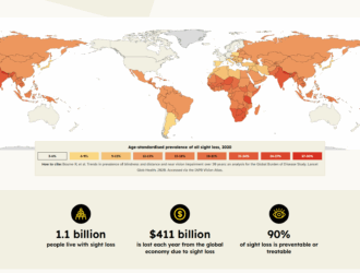 World map showing age-standardized prevalence of all sight loss in 2020, with countries color-coded from light yellow (3-6%) to dark red (27-30%). Below the map are three key statistics: 1.1 billion people live with sight loss, $411 billion is lost each year from the global economy due to sight loss, and 90% of sight loss is preventable or treatable.