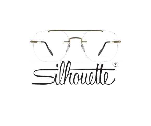 Vue de face des lunettes sans monture Silhouette Visionary en titane bronze/doré affichées au-dessus du logo élégant Silhouette en script, mettant l'accent sur la surface ultra-plate des verres et le design géométrique épuré sur fond blanc.