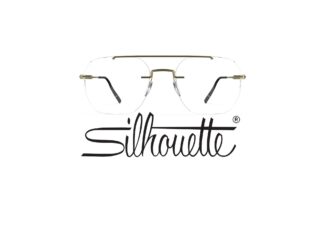 Front view of Silhouette Visionary rimless eyeglasses in bronze/gold titanium displayed above the elegant Silhouette script logo, emphasizing the ultra-flat lens surface and clean geometric design on a white background.