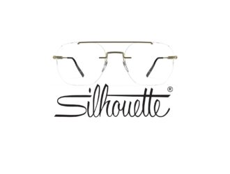 Front view of Silhouette Visionary rimless eyeglasses in bronze/gold titanium displayed above the elegant Silhouette script logo, emphasizing the ultra-flat lens surface and clean geometric design on a white background.