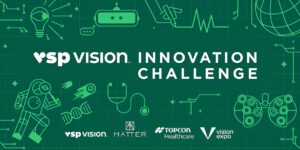 Bannière promotionnelle du Défi d'Innovation VSP Vision avec un arrière-plan turquoise et des icônes d'art linéaire blanc représentant diverses technologies incluant des ampoules, des robots, l'ADN, des stéthoscopes, des manettes de jeu et des motifs de circuits. Le texte principal indique 'VSP VISION INNOVATION CHALLENGE' avec les logos de VSP Vision, MATTER, Topcon Healthcare et Vision Expo en bas.