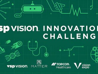 Bannière promotionnelle du Défi d'Innovation VSP Vision avec un arrière-plan turquoise et des icônes d'art linéaire blanc représentant diverses technologies incluant des ampoules, des robots, l'ADN, des stéthoscopes, des manettes de jeu et des motifs de circuits. Le texte principal indique 'VSP VISION INNOVATION CHALLENGE' avec les logos de VSP Vision, MATTER, Topcon Healthcare et Vision Expo en bas.