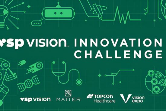 Bannière promotionnelle du Défi d'Innovation VSP Vision avec un arrière-plan turquoise et des icônes d'art linéaire blanc représentant diverses technologies incluant des ampoules, des robots, l'ADN, des stéthoscopes, des manettes de jeu et des motifs de circuits. Le texte principal indique 'VSP VISION INNOVATION CHALLENGE' avec les logos de VSP Vision, MATTER, Topcon Healthcare et Vision Expo en bas.