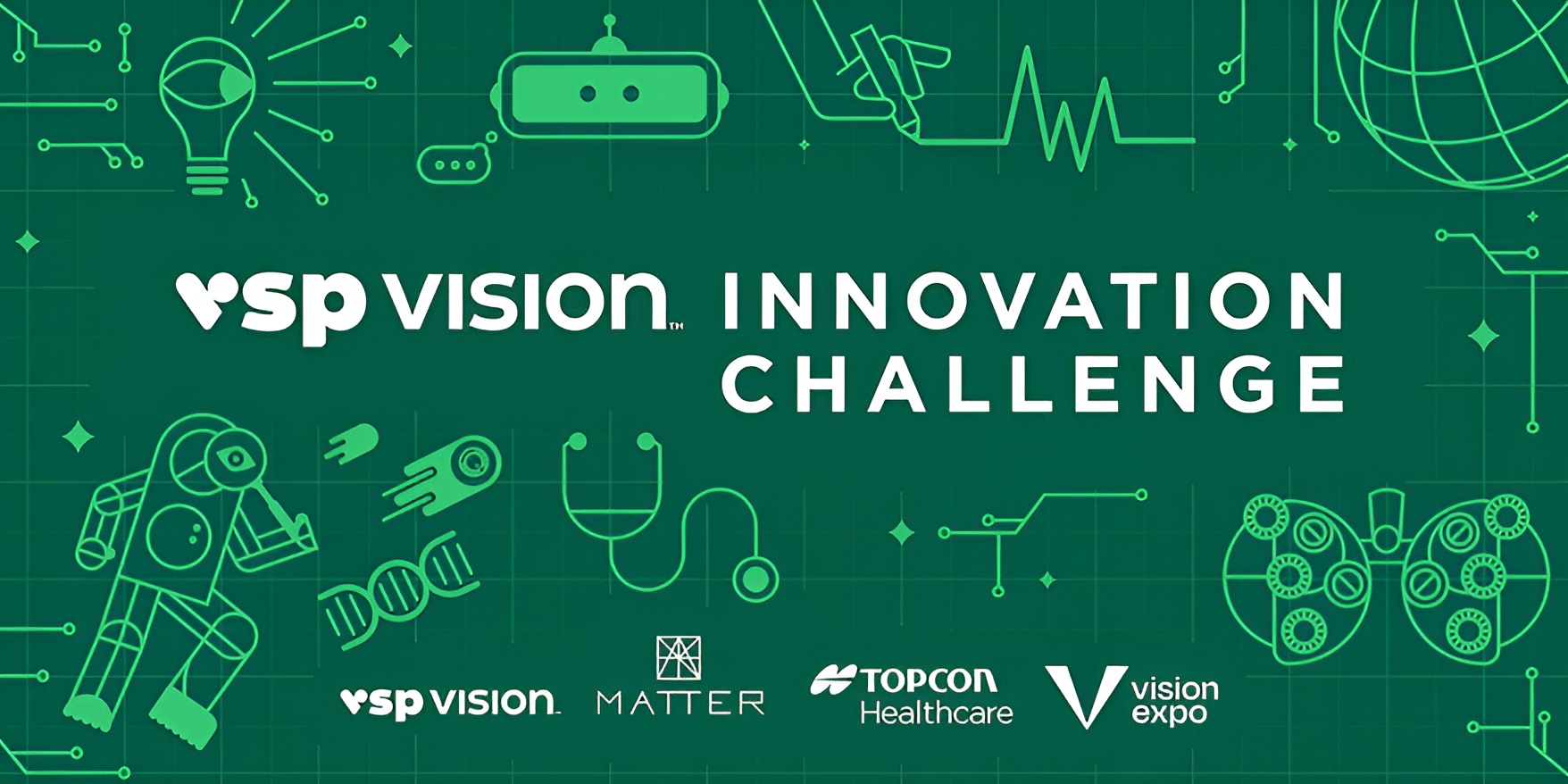 Bannière promotionnelle du Défi d'Innovation VSP Vision avec un arrière-plan turquoise et des icônes d'art linéaire blanc représentant diverses technologies incluant des ampoules, des robots, l'ADN, des stéthoscopes, des manettes de jeu et des motifs de circuits. Le texte principal indique 'VSP VISION INNOVATION CHALLENGE' avec les logos de VSP Vision, MATTER, Topcon Healthcare et Vision Expo en bas.