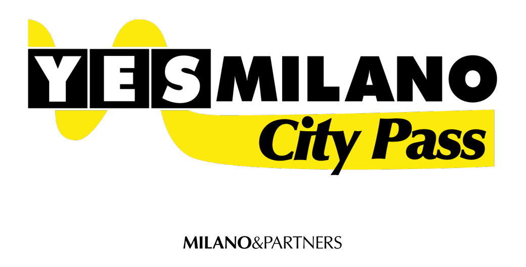 Logo YesMilano City Pass avec texte noir sur des éléments de fond circulaires jaunes, avec la marque Milano&Partners en dessous