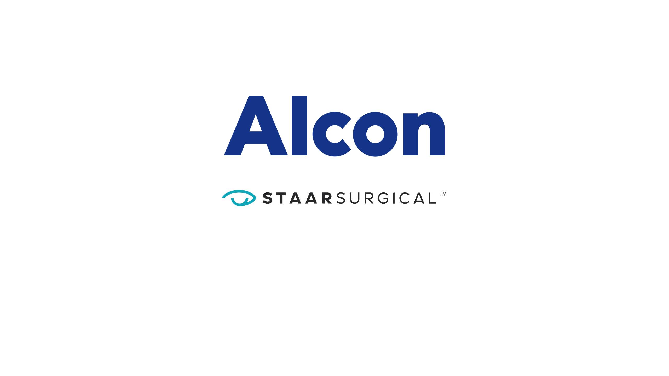 Logos des entreprises Alcon et STAAR Surgical affichés ensemble, représentant l'annonce d'acquisition de 1,5 milliard de dollars où Alcon acquiert STAAR Surgical, fabricant des lentilles implantables EVO ICL pour la correction de la myopie.