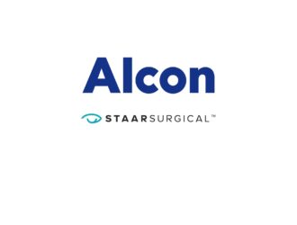 Alcon and STAAR Surgical company logos displayed together, representing the $1.5 billion acquisition announcement where Alcon will acquire STAAR Surgical, manufacturer of the EVO ICL implantable lenses for myopia correction.