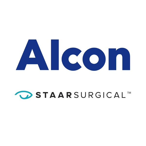 Logos des entreprises Alcon et STAAR Surgical affichés ensemble, représentant l'annonce d'acquisition de 1,5 milliard de dollars où Alcon acquiert STAAR Surgical, fabricant des lentilles implantables EVO ICL pour la correction de la myopie.
