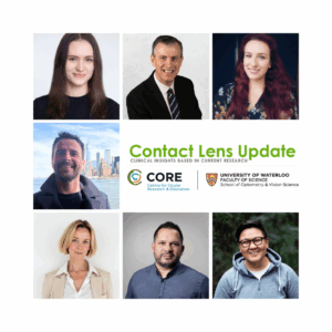 Grille de portraits professionnels montrant sept contributeurs au numéro 85 de Contact Lens Update, incluant des chercheurs, optométristes et professionnels de l'industrie. Le centre affiche le logo Contact Lens Update ainsi que l'image de marque de CORE (Centre for Ocular Research & Education) et de l'Université de Waterloo, Faculté des sciences, École d'optométrie et des sciences de la vision.