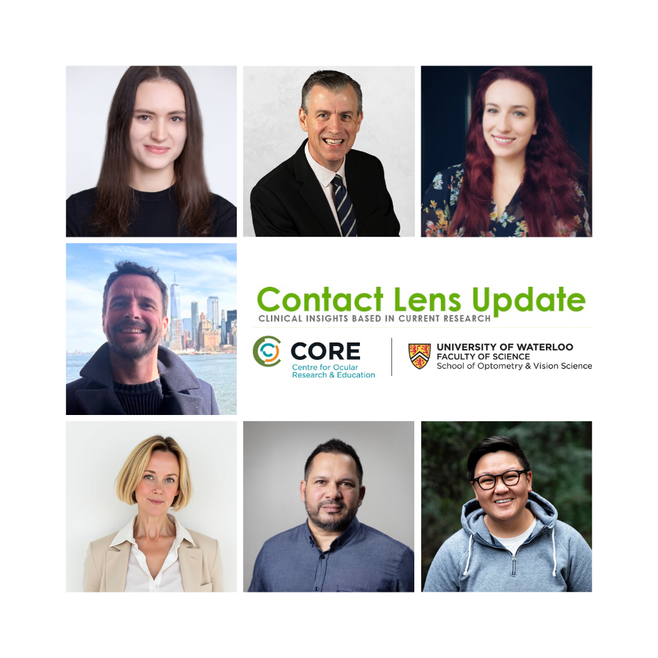 Grille de portraits professionnels montrant sept contributeurs au numéro 85 de Contact Lens Update, incluant des chercheurs, optométristes et professionnels de l'industrie. Le centre affiche le logo Contact Lens Update ainsi que l'image de marque de CORE (Centre for Ocular Research & Education) et de l'Université de Waterloo, Faculté des sciences, École d'optométrie et des sciences de la vision.